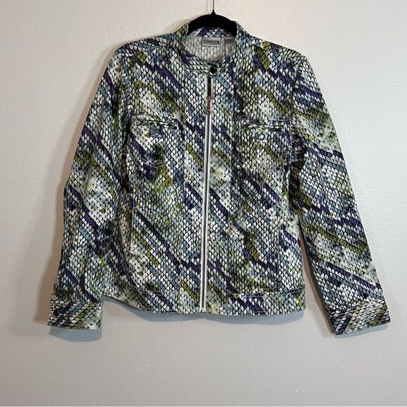 Chicos Jacket Size 1 (Med 8) Zip Up Snakeskin Print Stretch Purple Green Shimmer - Picture 1 of 8